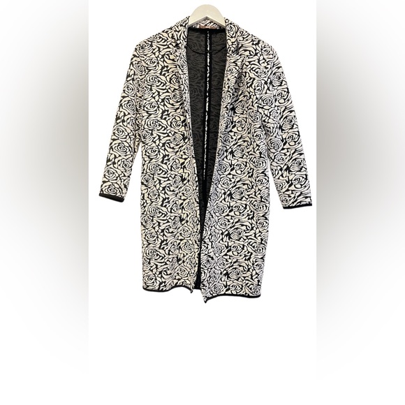 Philosophy Womens Small Long Open Front Duster Sweater Coat Black White Floral - Picture 4 of 13